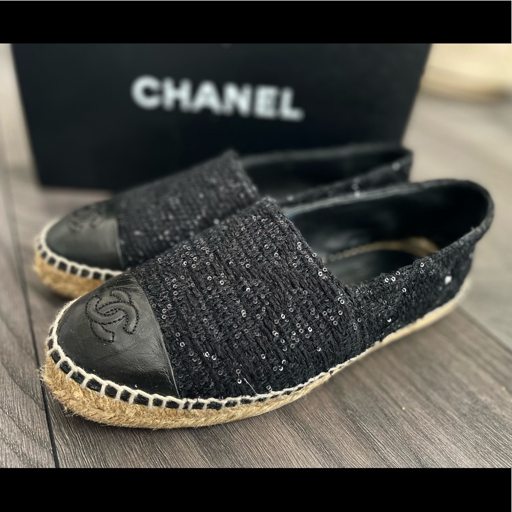 Chanel tweed mini sequin black leather espadrilles w/ box receipt booklet ribbon